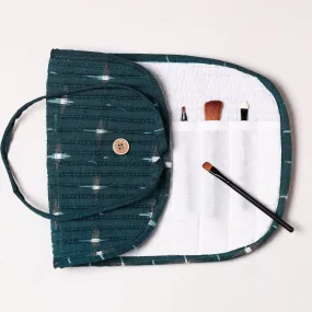 Green - Ikat Fabric Multipurpose Segmented Make-up Brush Wrap Pouch/Case
