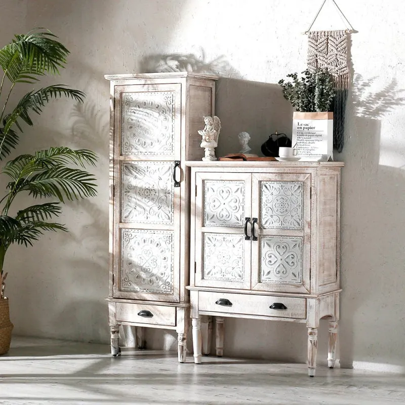 Hand Carved White Wood Display Cabinet with Storage Curio Accent Door Cabinet