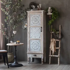 Hand Carved White Wood Display Cabinet with Storage Curio Accent Door Cabinet