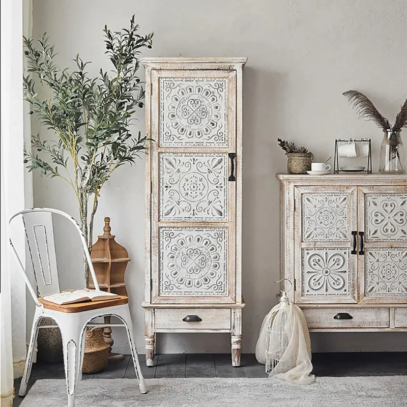 Hand Carved White Wood Display Cabinet with Storage Curio Accent Door Cabinet