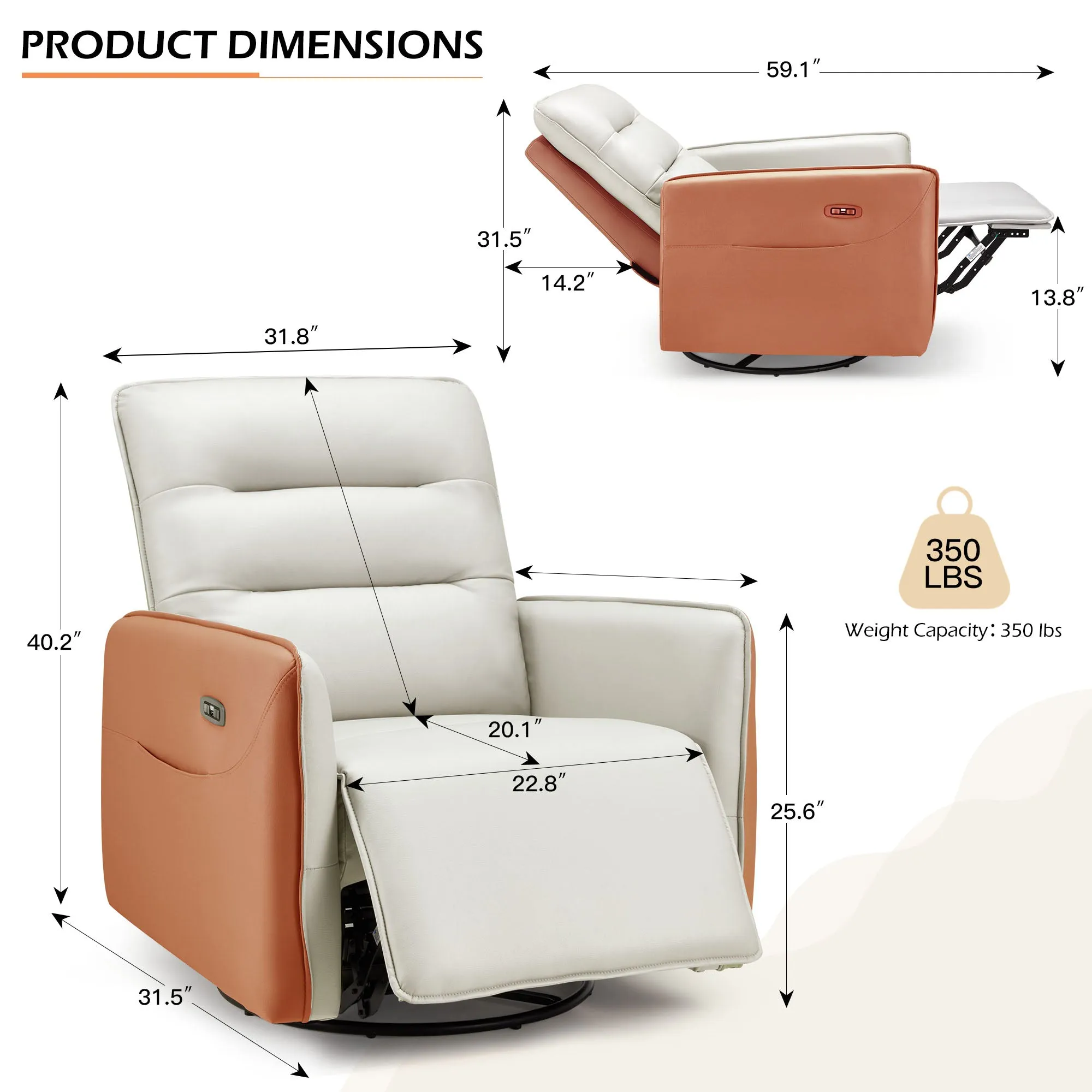 Homrest Power Recliner Chair Swivel Glider with Rock & Massage, Type-C Charge & Side Pockets (Beige)