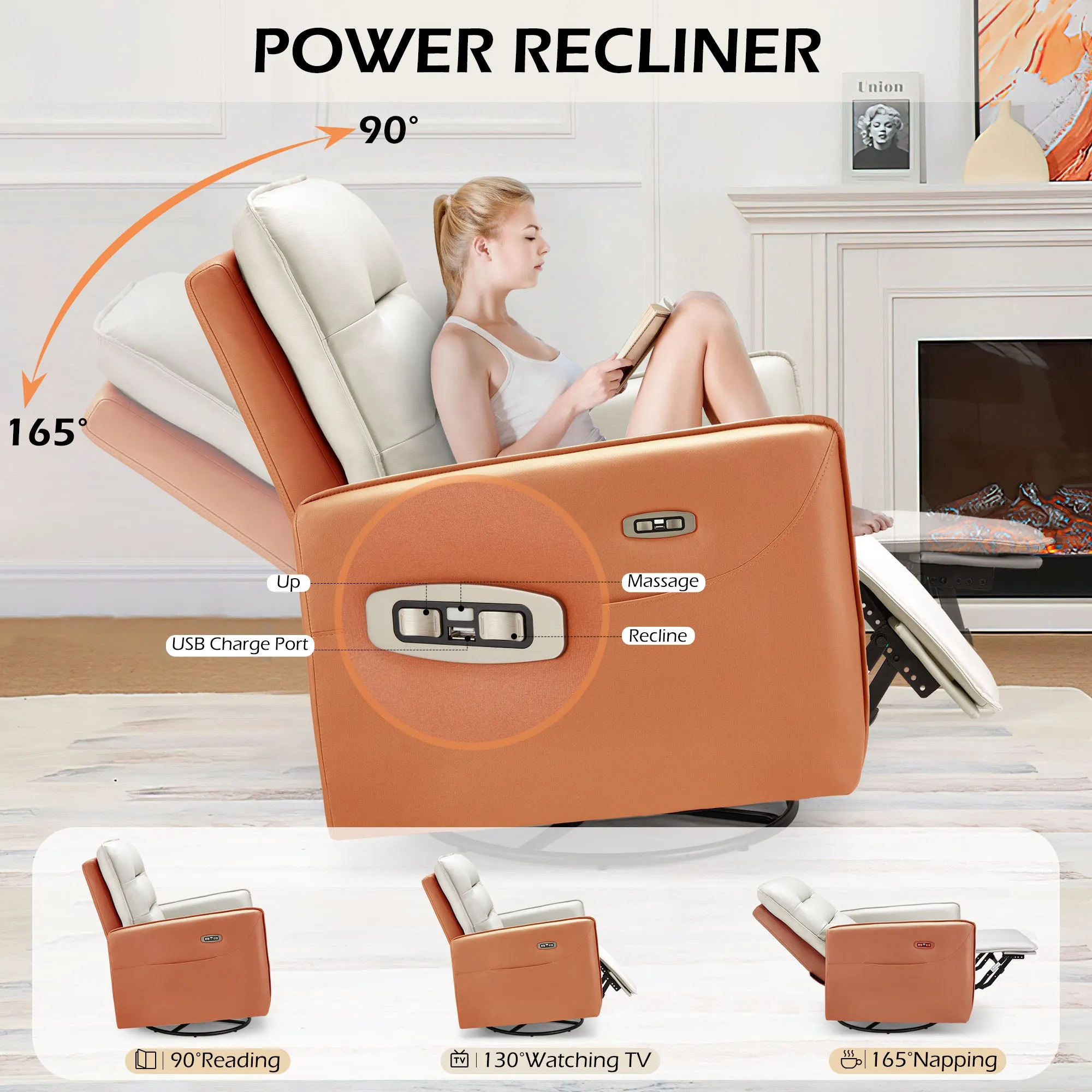 Homrest Power Recliner Chair Swivel Glider with Rock & Massage, Type-C Charge & Side Pockets (Beige)