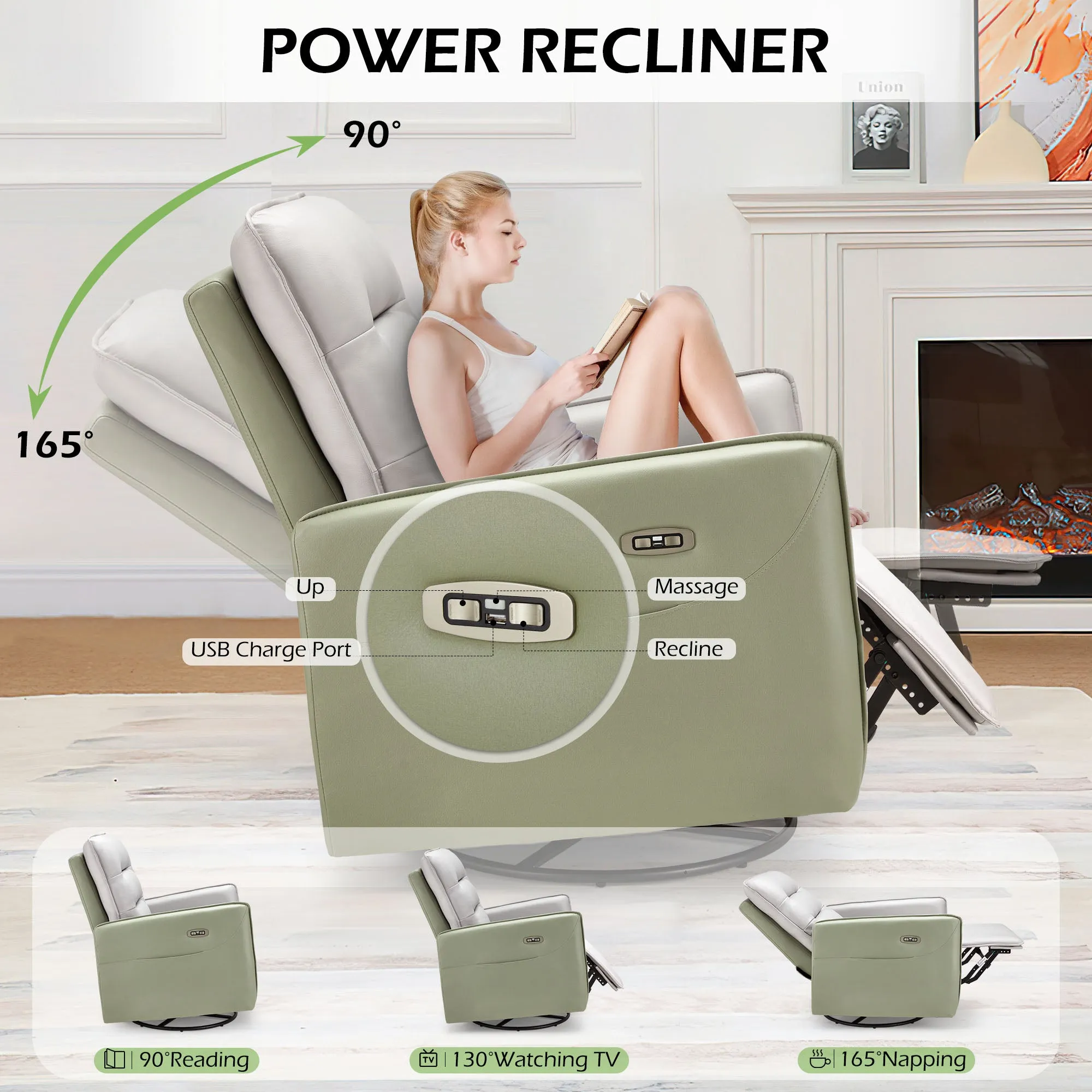 Homrest Power Recliner Chair Swivel Glider with Rock & Massage, Type-C Charge & Side Pockets (Gray)