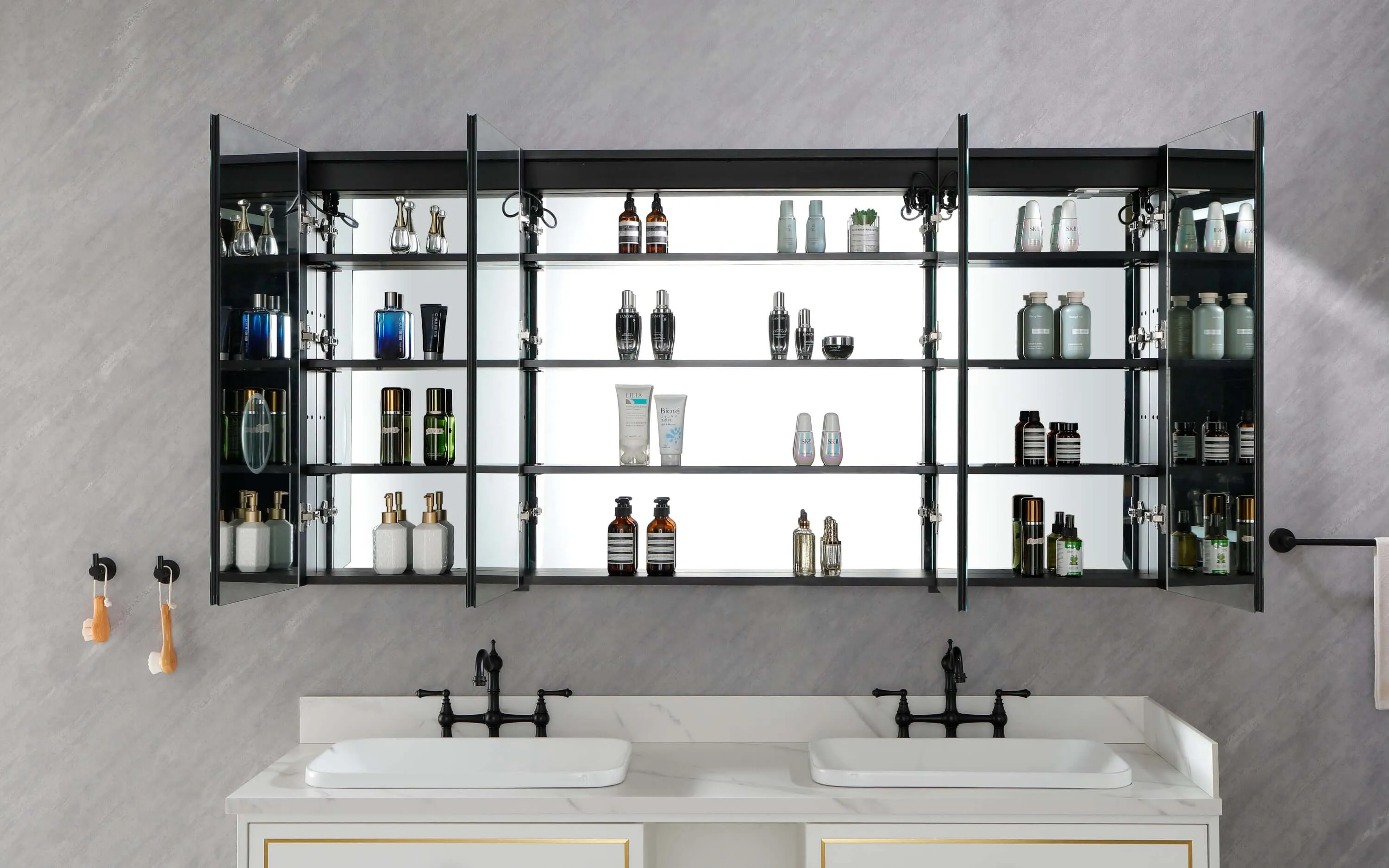 LED Black Aluminum Medicine Mirror Cabinet 72in. W x 36in. H