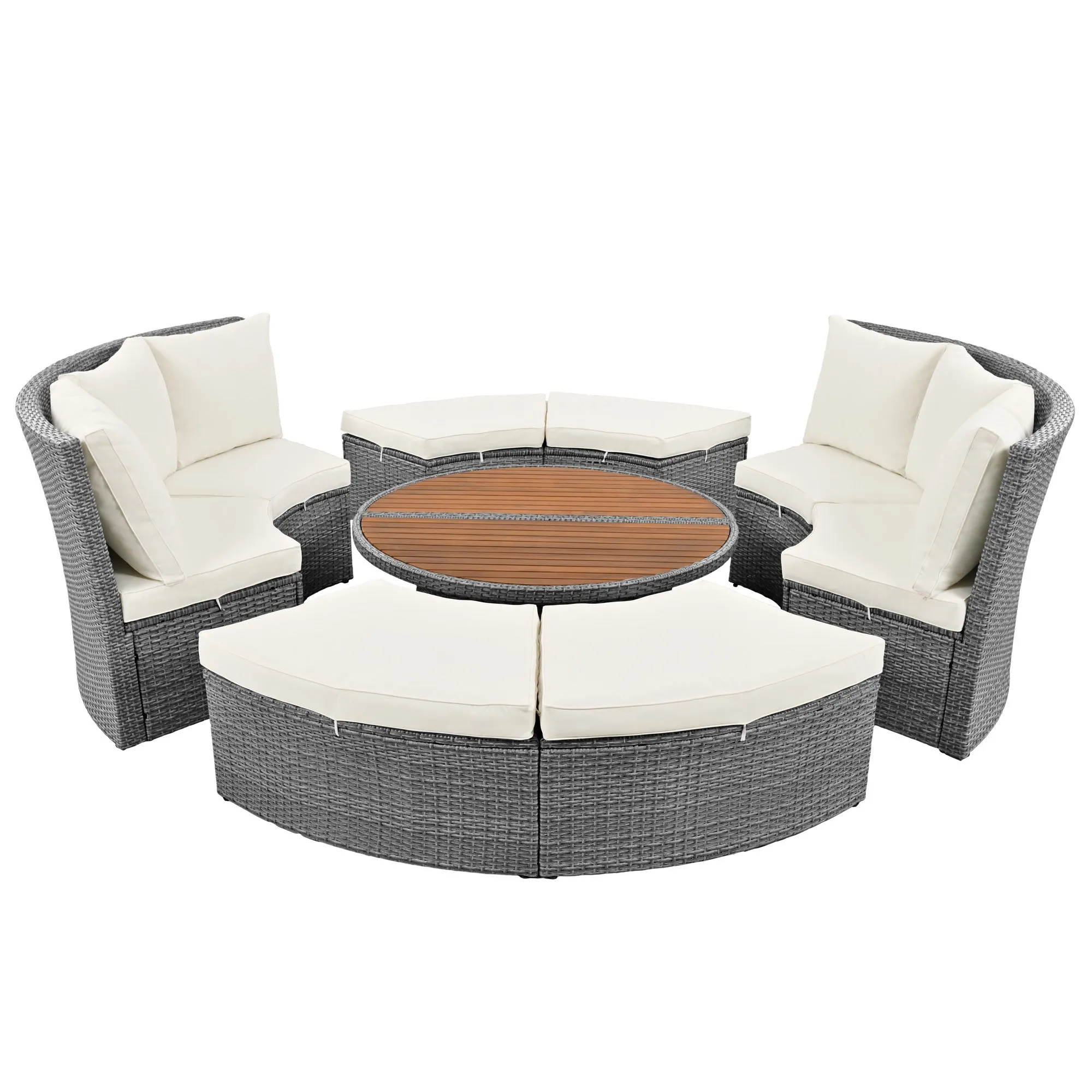 Marvelo 5 Pc Round Rattan Sectional Sofa Set - Beige