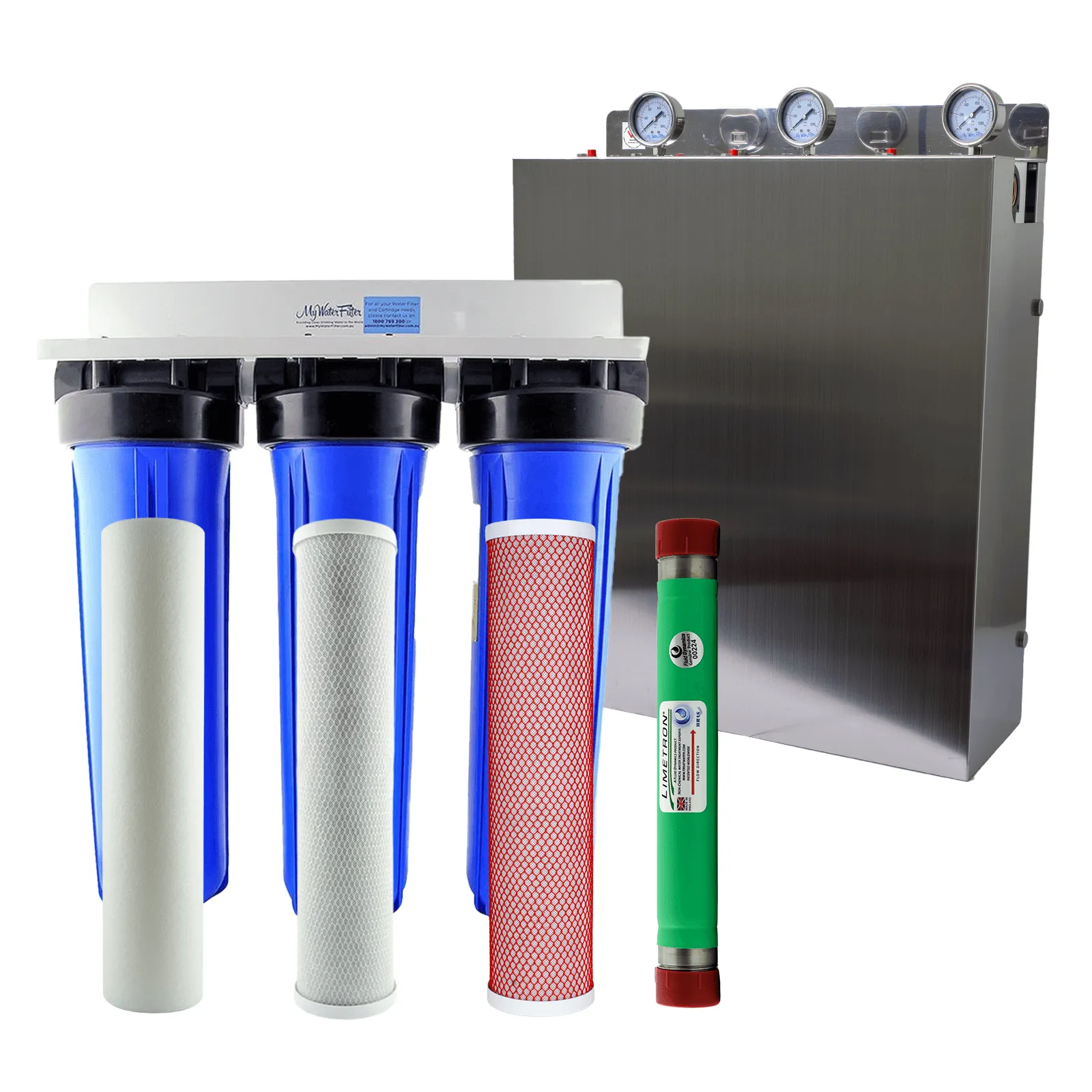 MWF 20" x 4.5" Triple Big Blue Whole House Water Filter System with Aragon Complete with Hard Water Conditioner