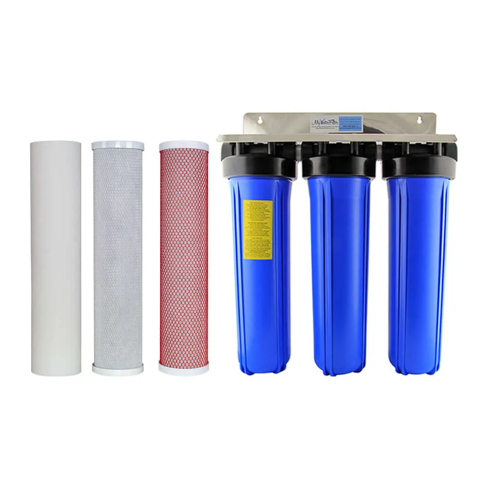 MWF 20" x 4.5" Triple Big Blue Whole House Water Filter System with Aragon Complete with Hard Water Conditioner