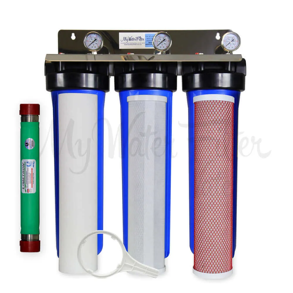 MWF 20" x 4.5" Triple Big Blue Whole House Water Filter System with Aragon Complete with Hard Water Conditioner
