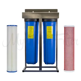 MWF 20" x 4.5" Twin Big Blue Whole House Rain Water Tank Water Filter System with Aragon - Stainless Steel Frame