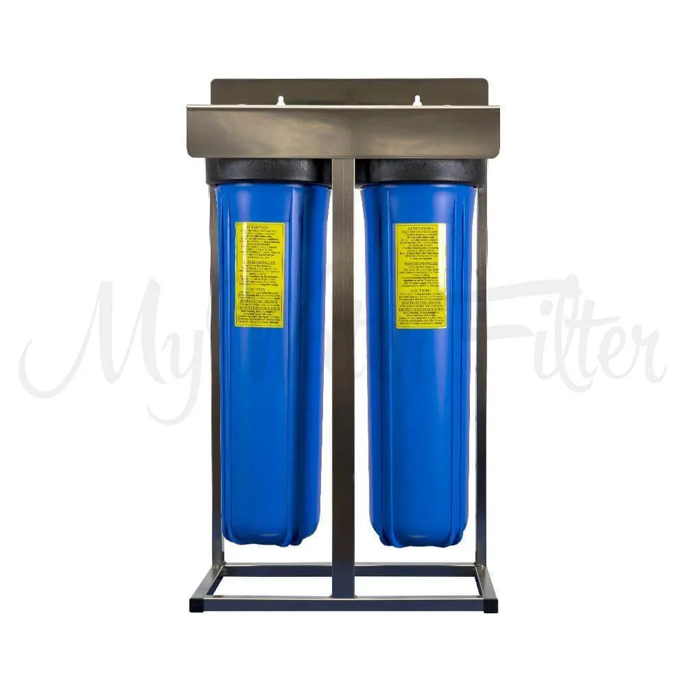 MWF 20" x 4.5" Twin Big Blue Whole House Rain Water Tank Water Filter System with Aragon - Stainless Steel Frame