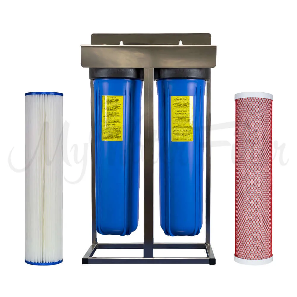 MWF 20" x 4.5" Twin Big Blue Whole House Rain Water Tank Water Filter System with Aragon - Stainless Steel Frame