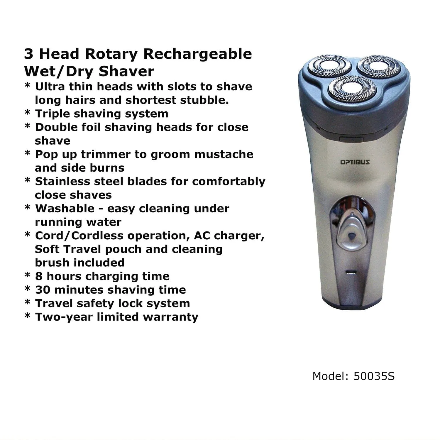 Optimus 50035 Head Rotary Rechargeable Wet/dry Shaver (Clear)