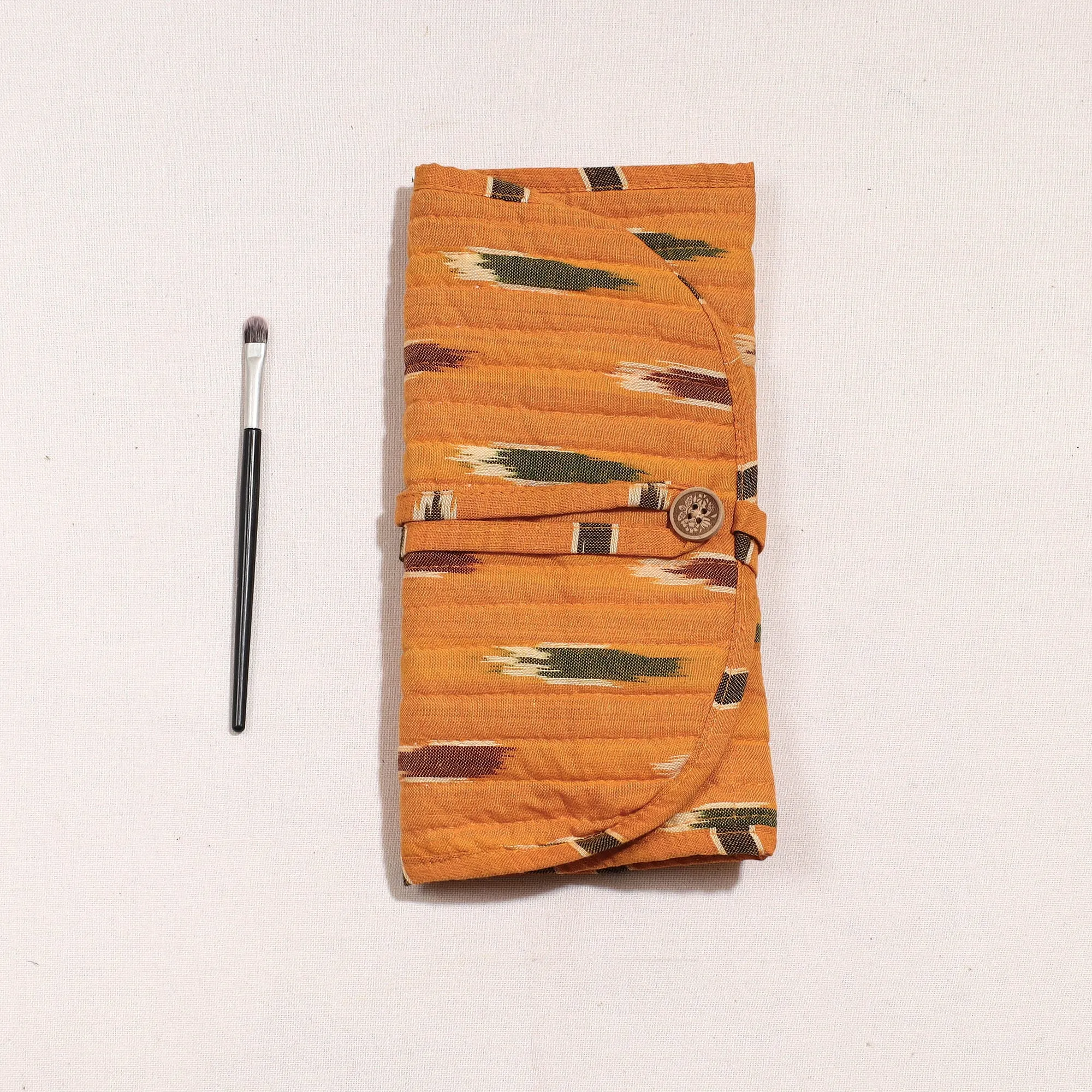 Orange - Ikat Fabric Multipurpose Segmented Make-up Brush Wrap Pouch/Case