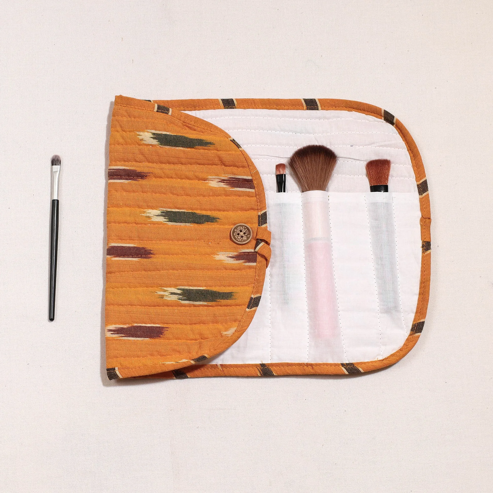 Orange - Ikat Fabric Multipurpose Segmented Make-up Brush Wrap Pouch/Case
