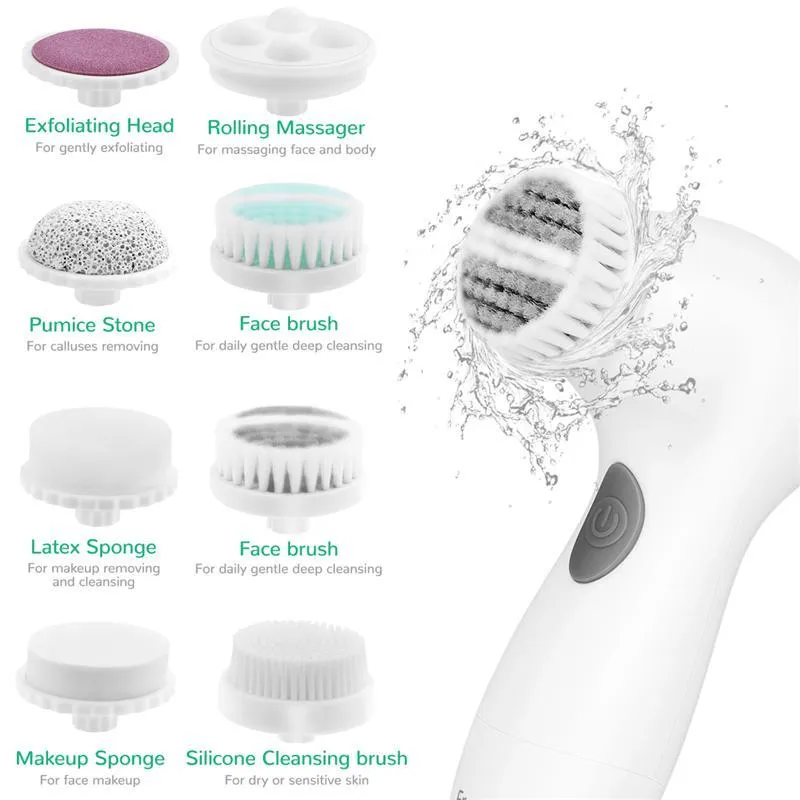 Portable 8 In 1 Waterproof 360 Degree Skin Friendly  Electric Facial Cleansing Brush With 2 Speed Modes