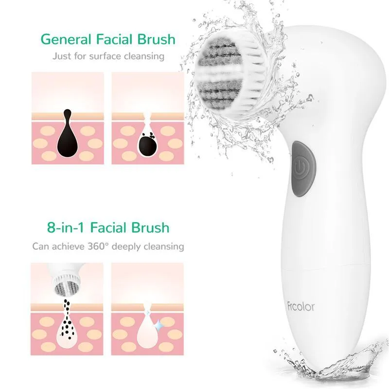 Portable 8 In 1 Waterproof 360 Degree Skin Friendly  Electric Facial Cleansing Brush With 2 Speed Modes