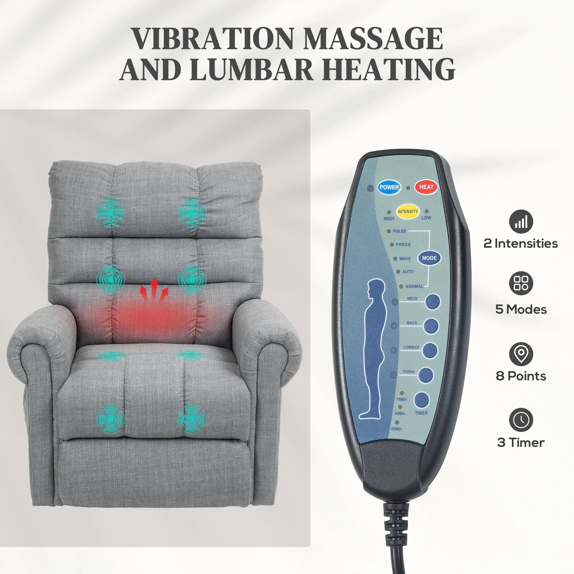 Power Lift Recliner Chair for Elderly with Massage and Heat Grey
