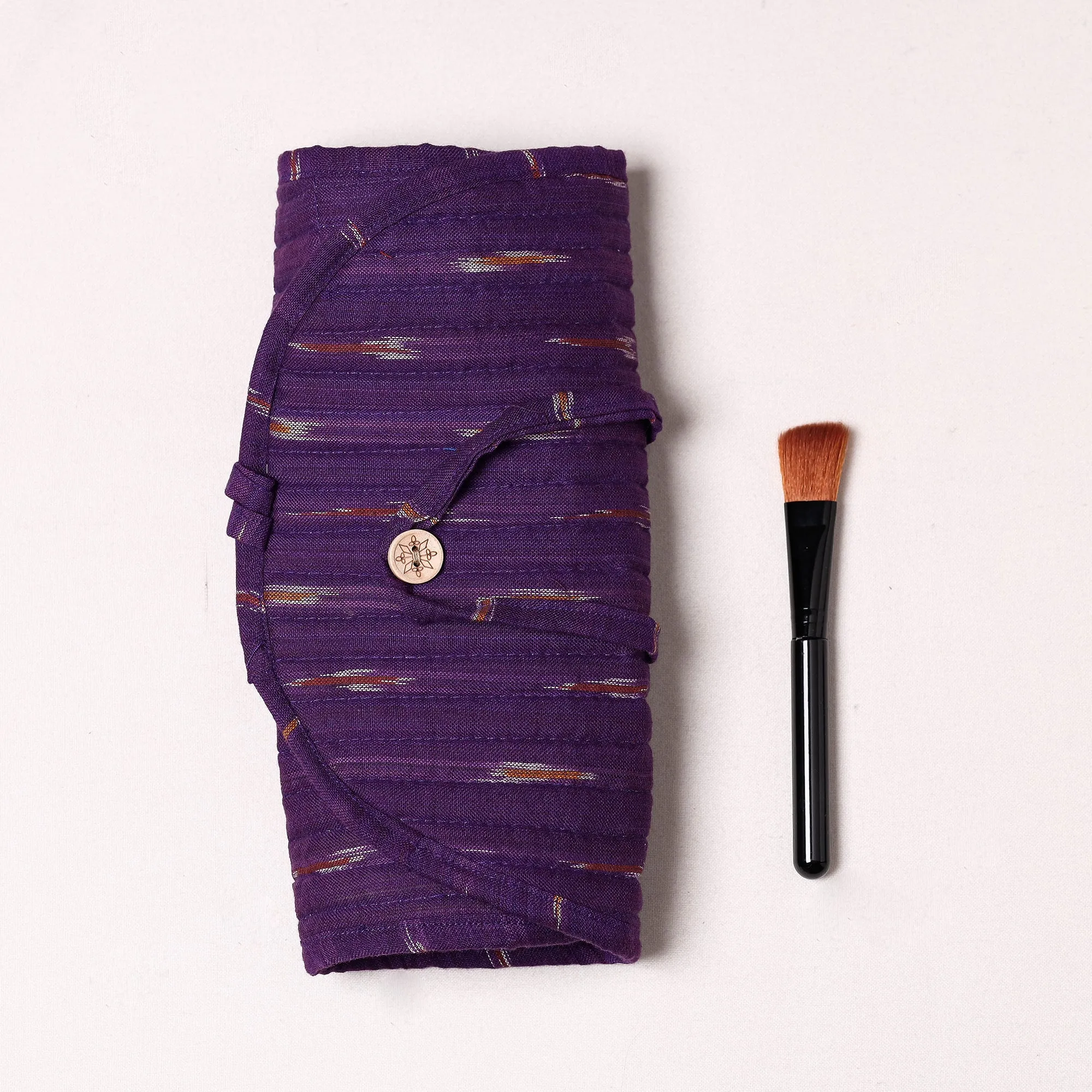 Purple - Ikat Fabric Multipurpose Segmented Make-up Brush Wrap Pouch/Case
