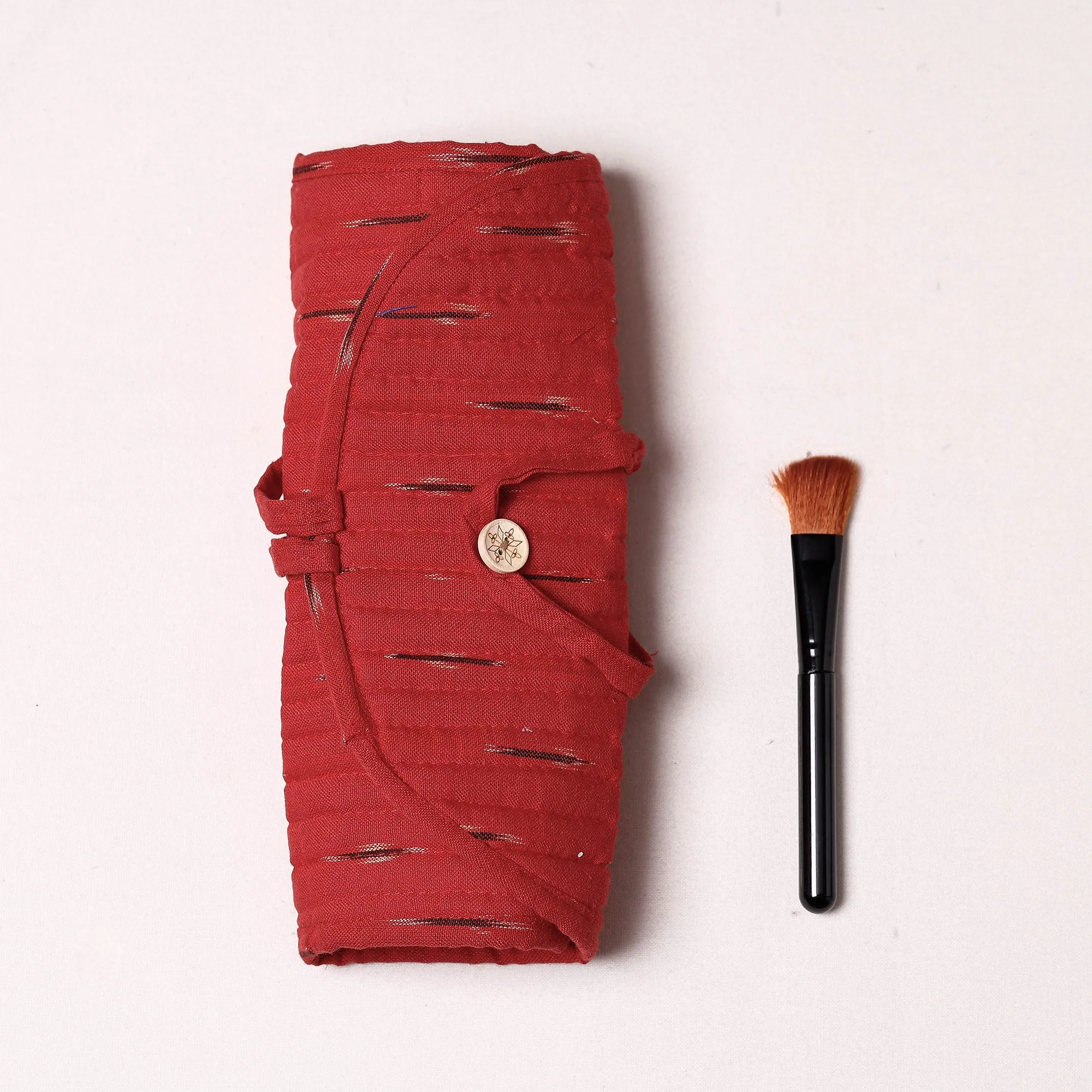 Red - Ikat Fabric Multipurpose Segmented Make-up Brush Wrap Pouch/Case