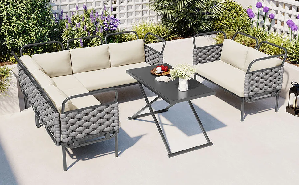 Rocio 5 Pc Patio Woven Rope Sectional Sofa Set - Gray Beige