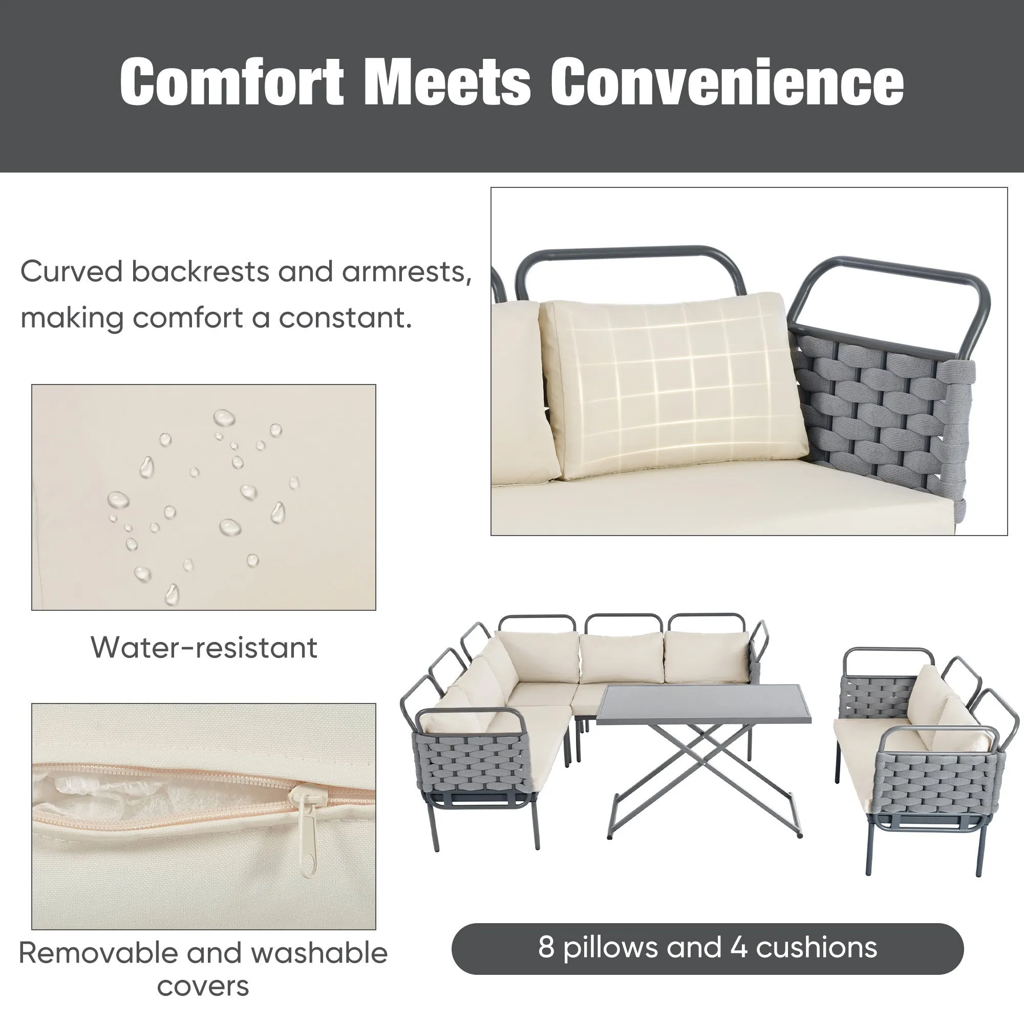 Rocio 5 Pc Patio Woven Rope Sectional Sofa Set - Gray Beige