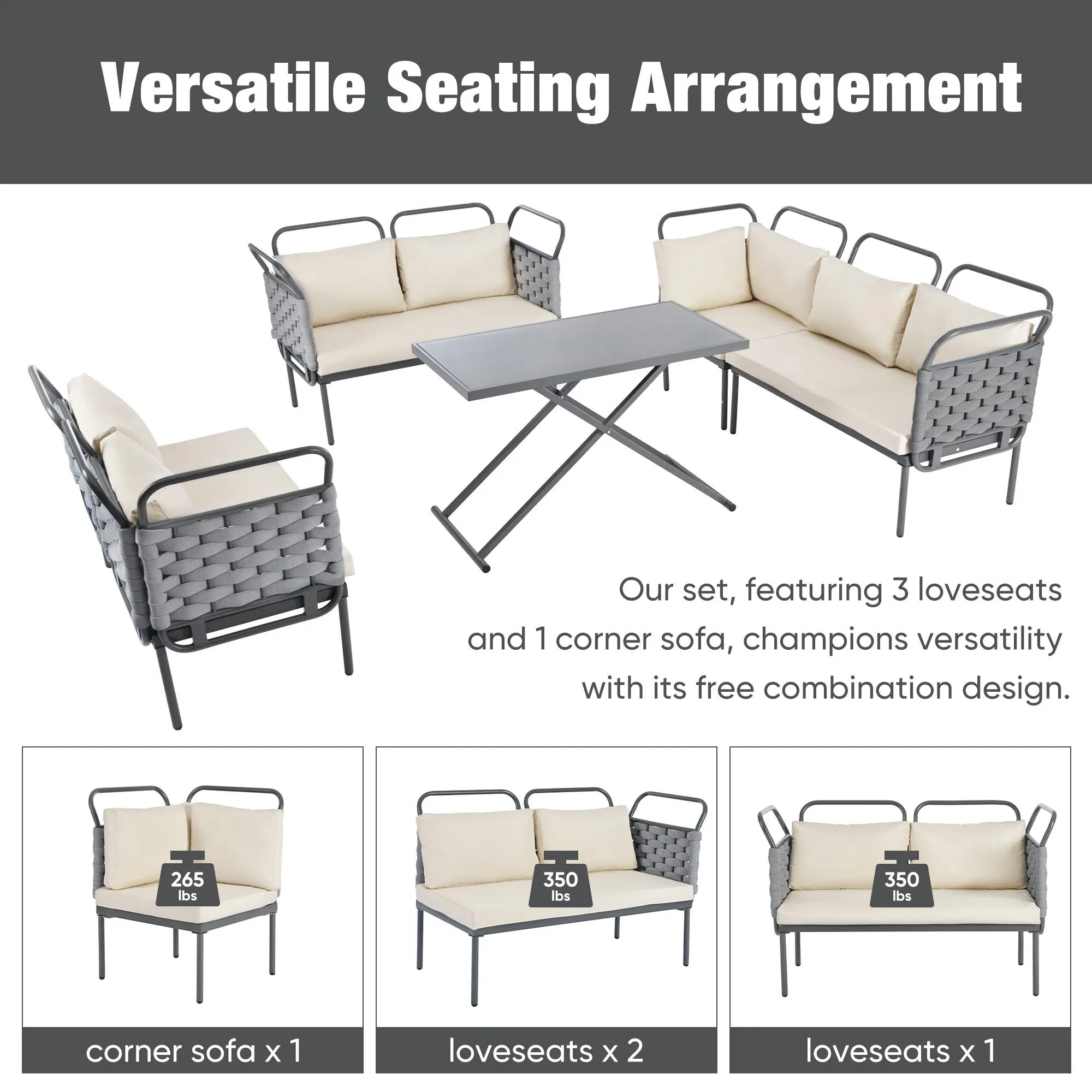 Rocio 5 Pc Patio Woven Rope Sectional Sofa Set - Gray Beige