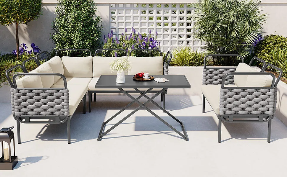 Rocio 5 Pc Patio Woven Rope Sectional Sofa Set - Gray Beige