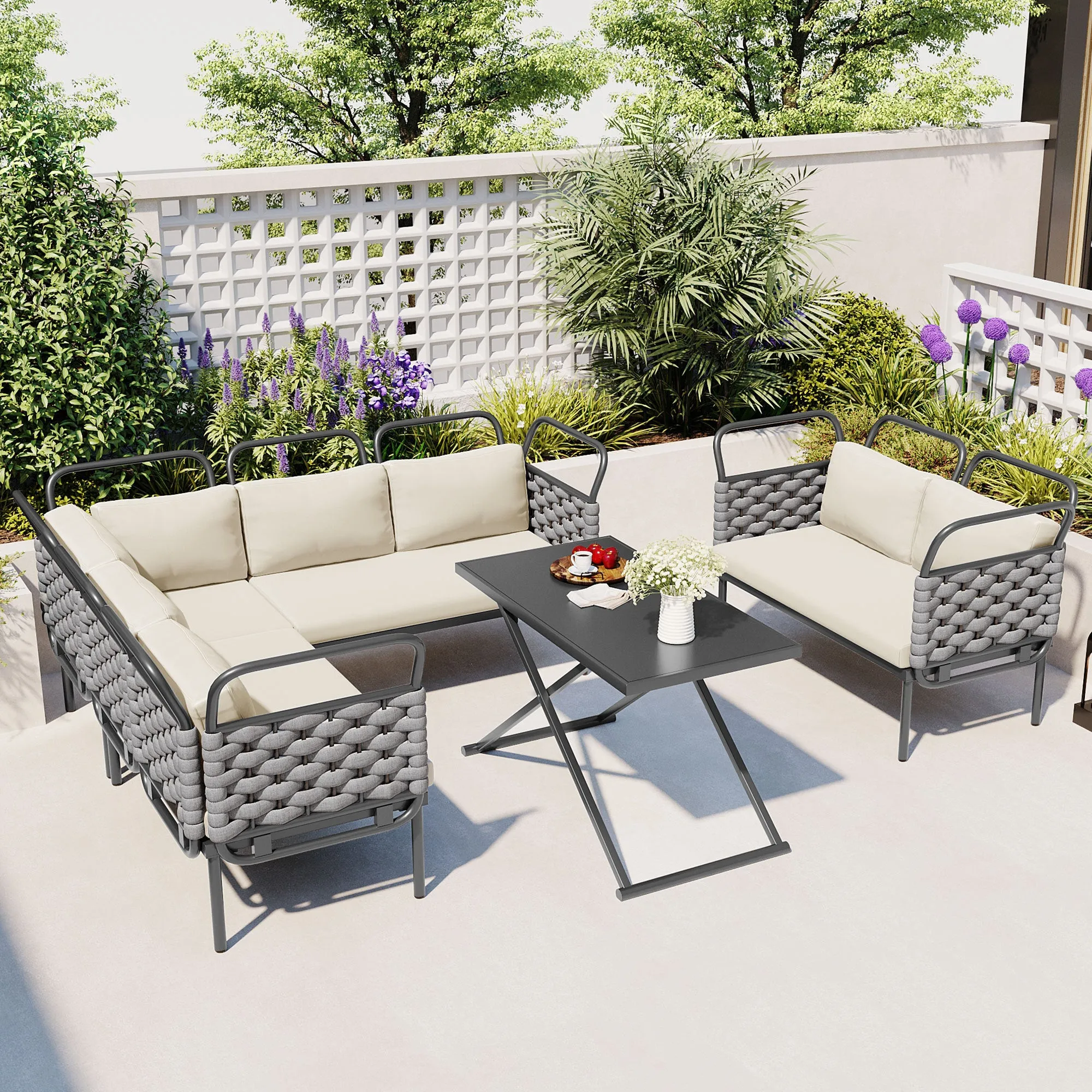 Rocio 5 Pc Patio Woven Rope Sectional Sofa Set - Gray Beige