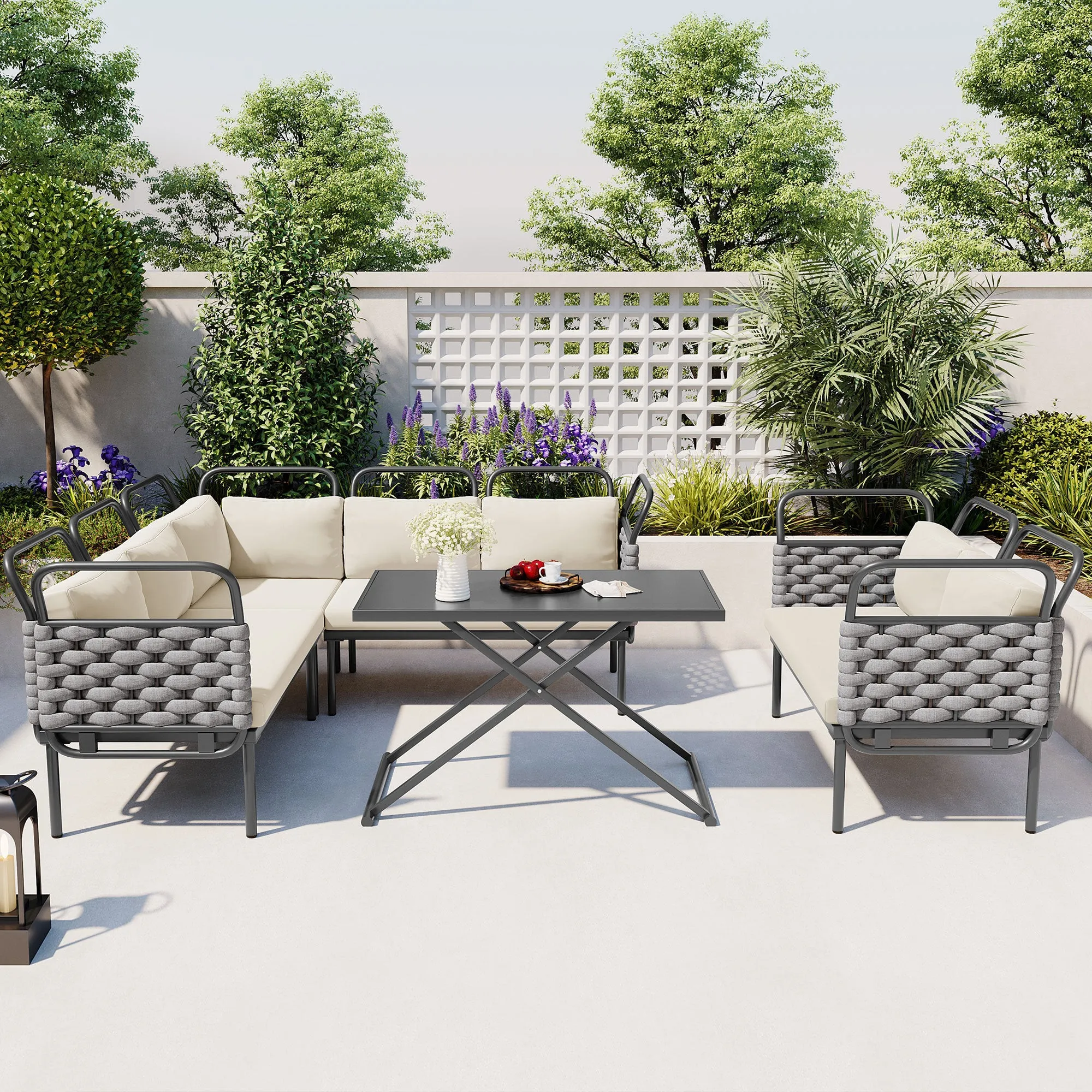 Rocio 5 Pc Patio Woven Rope Sectional Sofa Set - Gray Beige