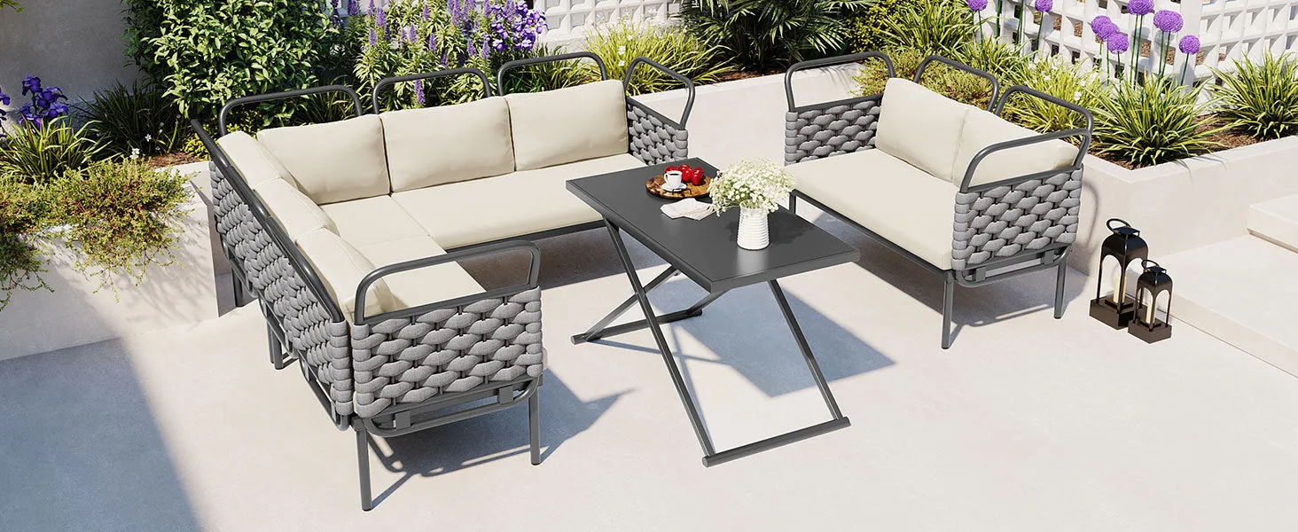 Rocio 5 Pc Patio Woven Rope Sectional Sofa Set - Gray Beige