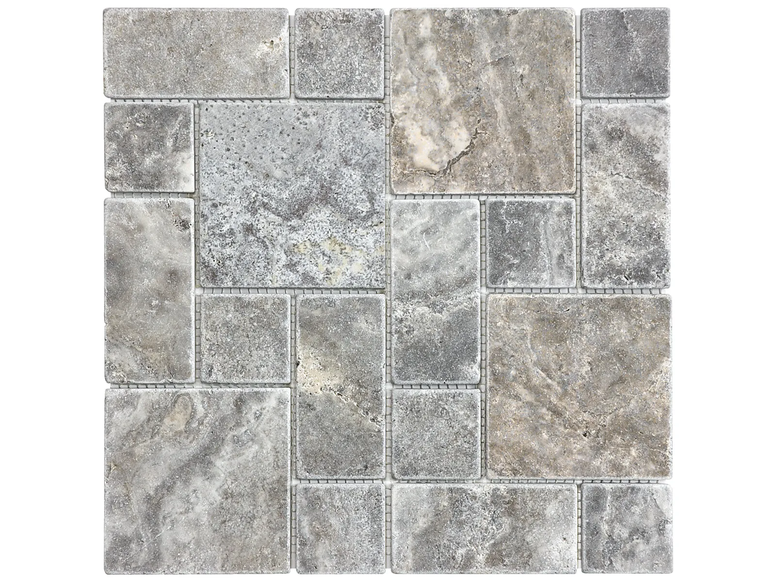 Roman Pattern Silver Ash Tumbled Travertine Mosaic