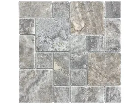 Roman Pattern Silver Ash Tumbled Travertine Mosaic