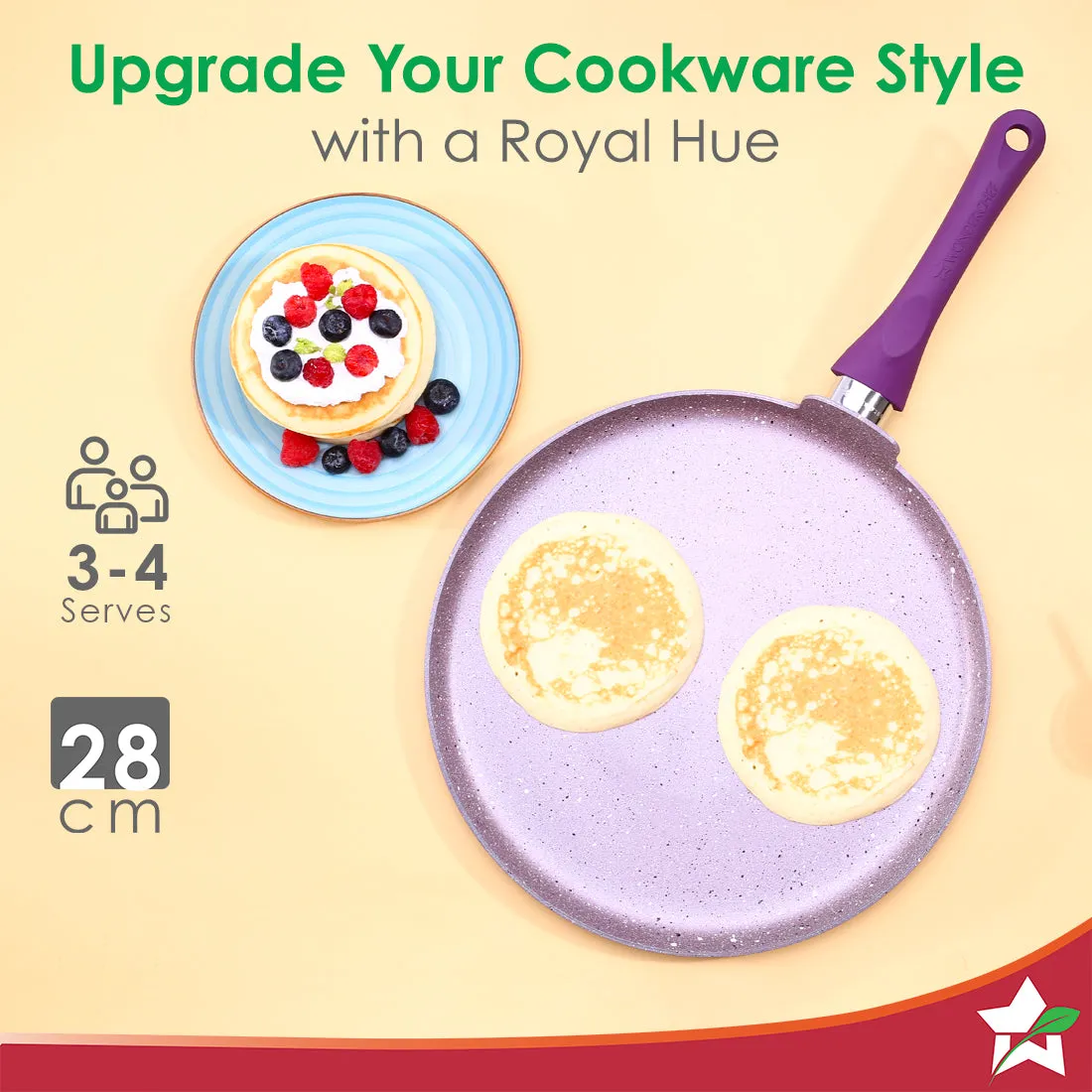 Royal Velvet Non-stick 28cm Dosa Tawa I Induction Ready | Soft-touch handles |Non – Toxic I Virgin Aluminium| 3 mm thick | 1.8 litres | 2 year warranty | Purple