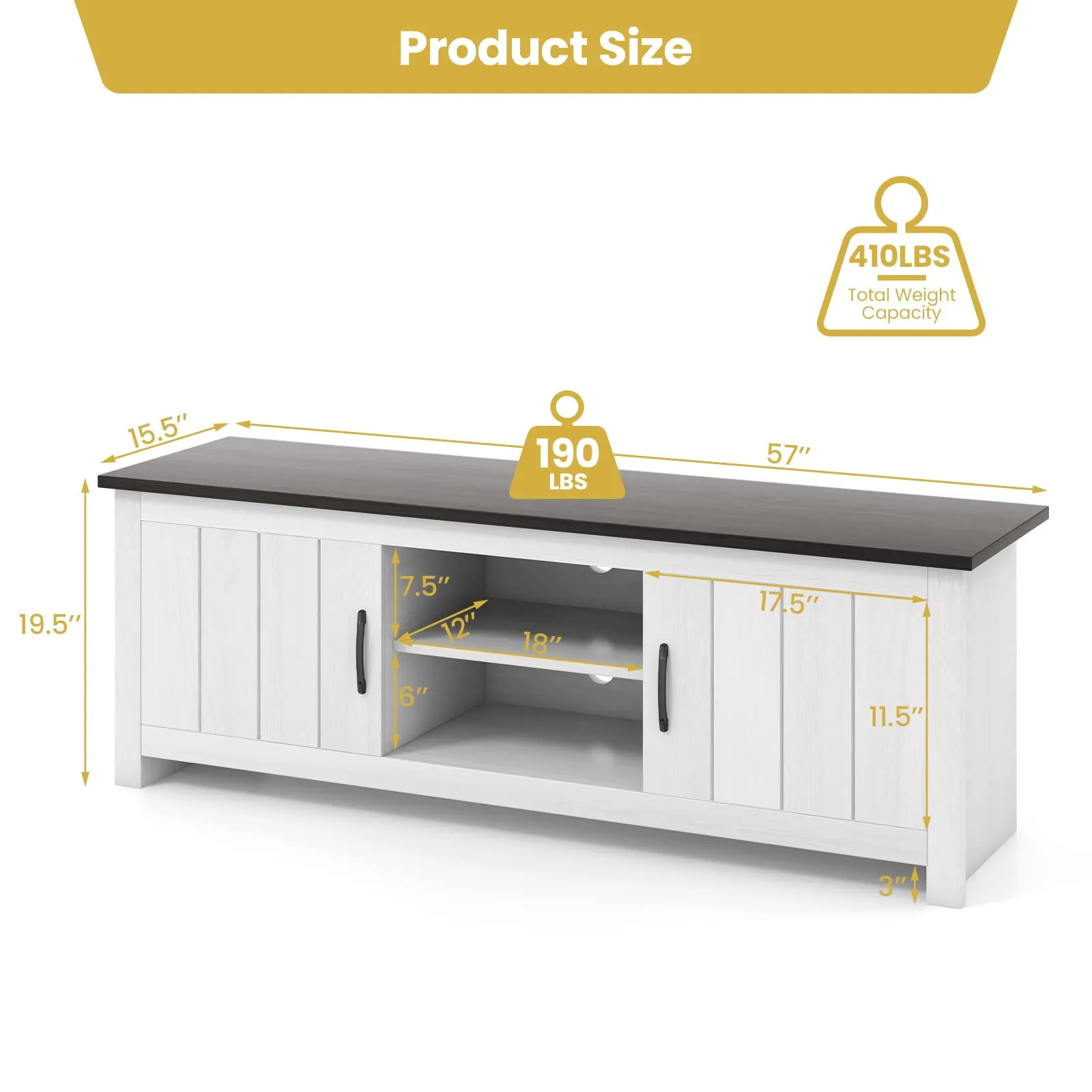 Tangkula 2 Doors TV Stand for TVs up to 65", 57" TV Console Table with 2 Cabinets & Open Shelves