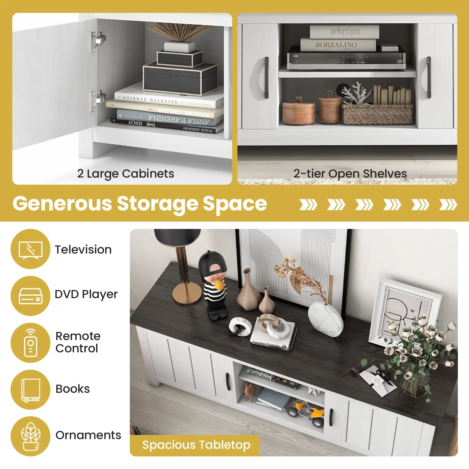 Tangkula 2 Doors TV Stand for TVs up to 65", 57" TV Console Table with 2 Cabinets & Open Shelves