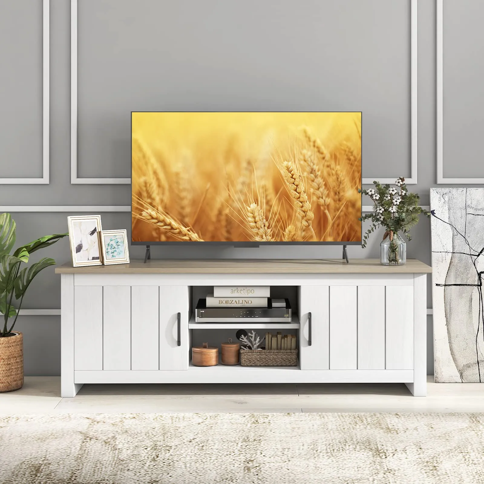 Tangkula 2 Doors TV Stand for TVs up to 65", 57" TV Console Table with 2 Cabinets & Open Shelves