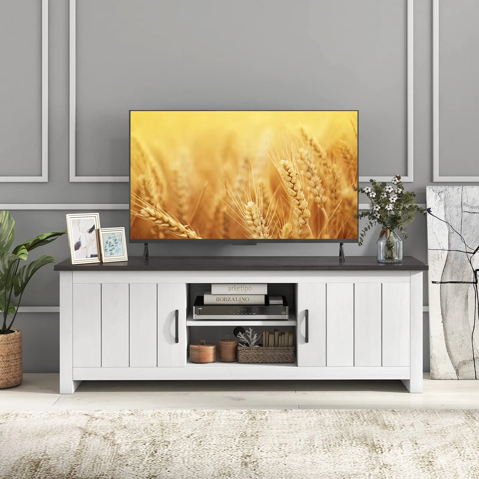 Tangkula 2 Doors TV Stand for TVs up to 65", 57" TV Console Table with 2 Cabinets & Open Shelves