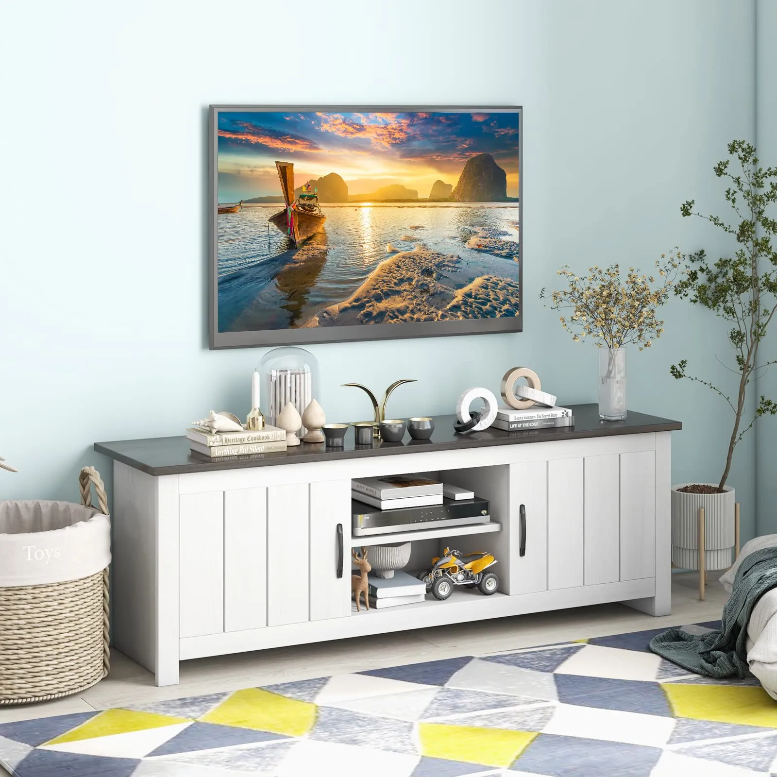 Tangkula 2 Doors TV Stand for TVs up to 65", 57" TV Console Table with 2 Cabinets & Open Shelves