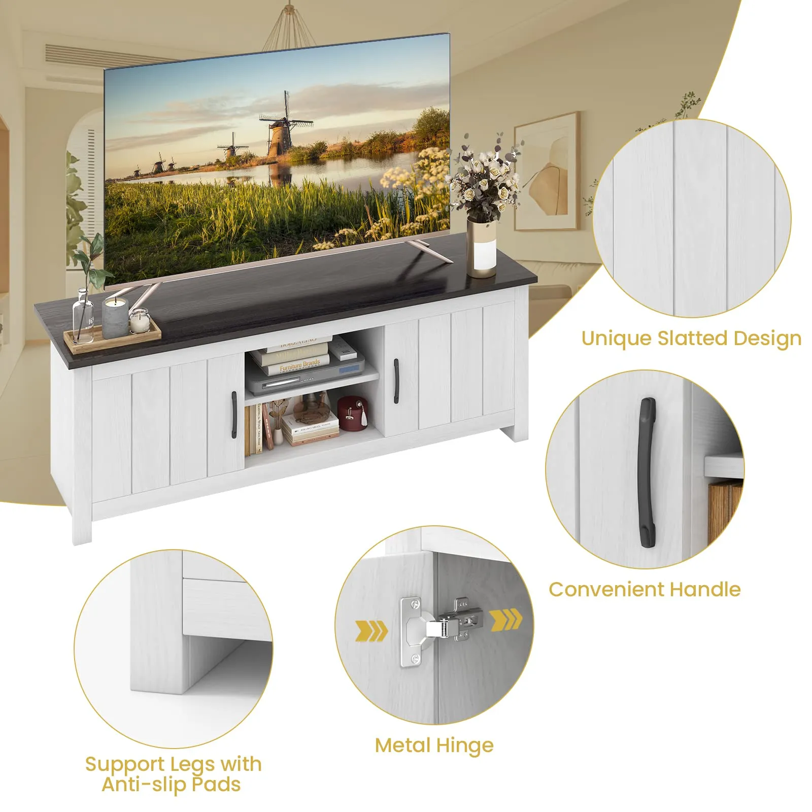 Tangkula 2 Doors TV Stand for TVs up to 65", 57" TV Console Table with 2 Cabinets & Open Shelves