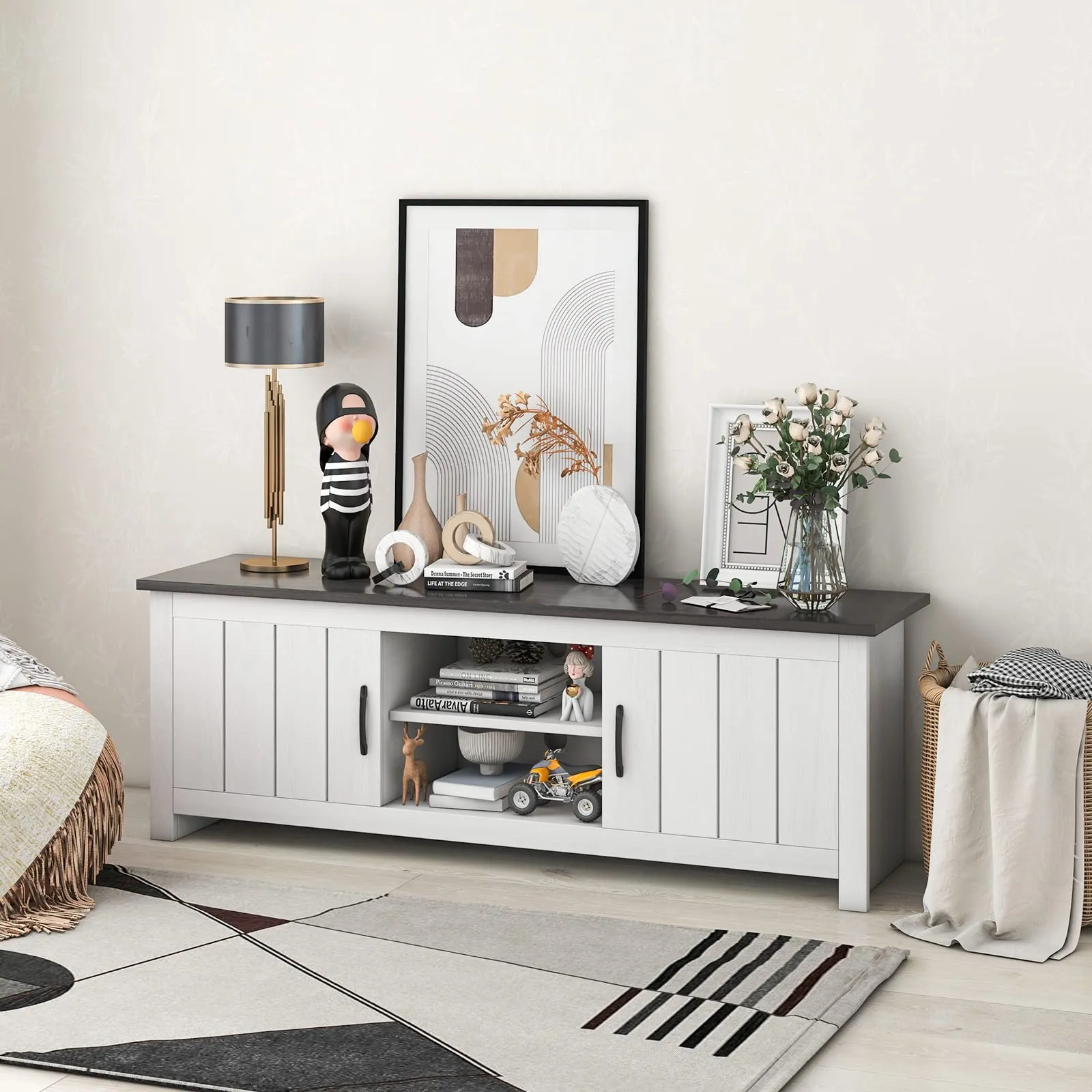 Tangkula 2 Doors TV Stand for TVs up to 65", 57" TV Console Table with 2 Cabinets & Open Shelves