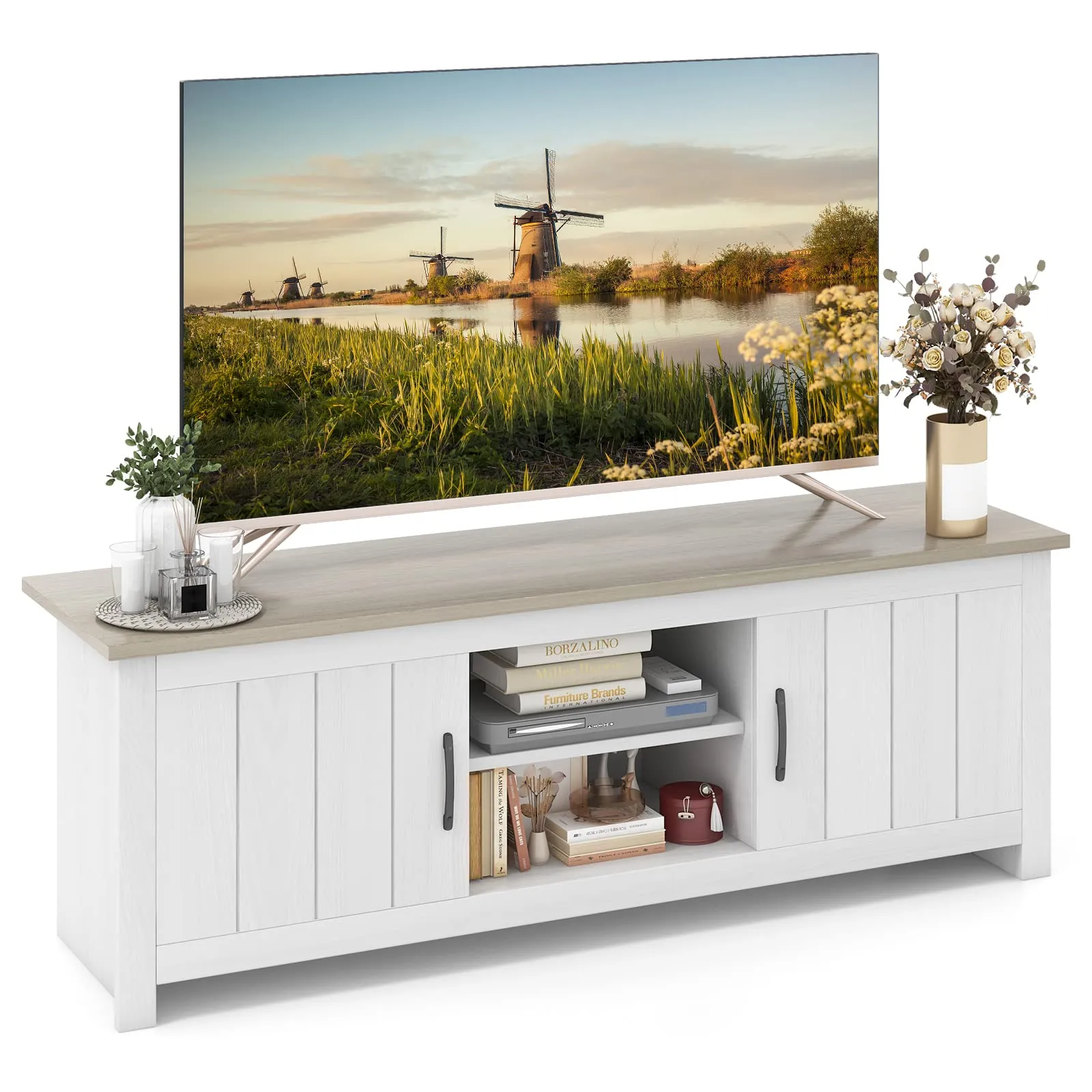 Tangkula 2 Doors TV Stand for TVs up to 65", 57" TV Console Table with 2 Cabinets & Open Shelves