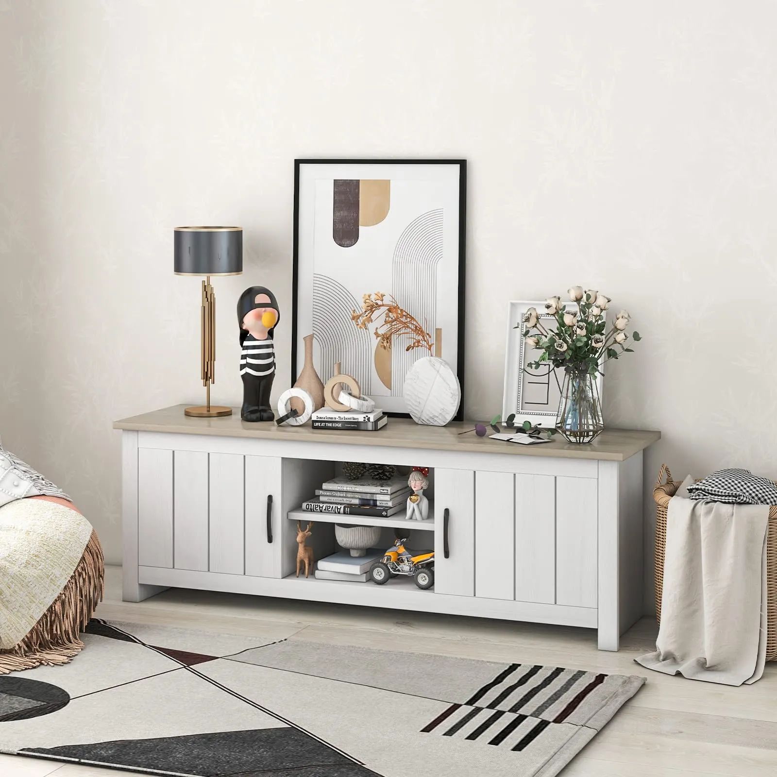 Tangkula 2 Doors TV Stand for TVs up to 65", 57" TV Console Table with 2 Cabinets & Open Shelves