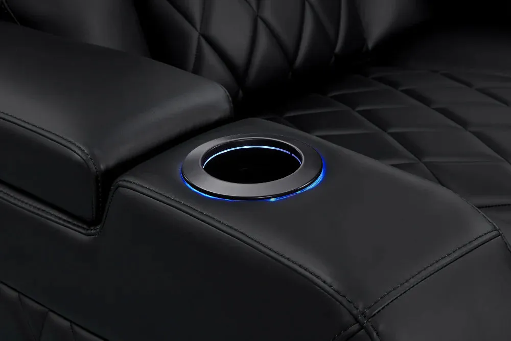 Valencia Tuscany Heat & Massage Leather Home Theater Seating Row of 5 Loveseat Left, Midnight Black