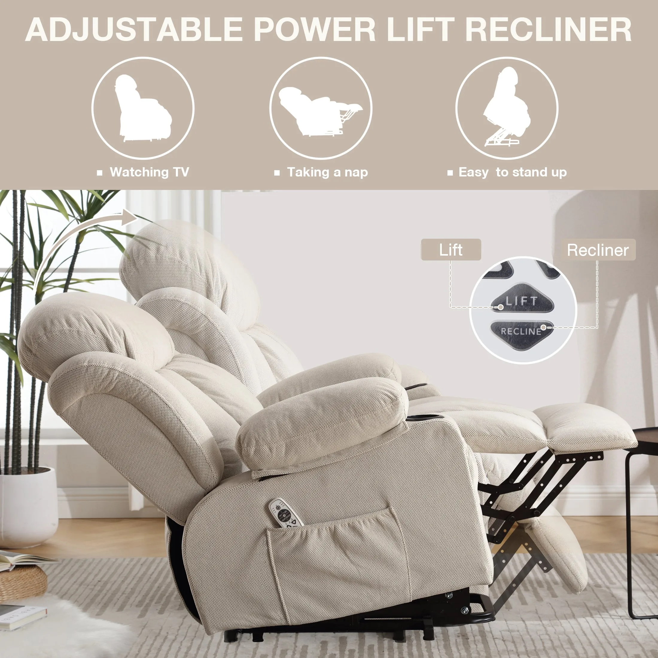 Vanbow II Power Lift Recliner Chair with Heat and Massage with USB - Beige