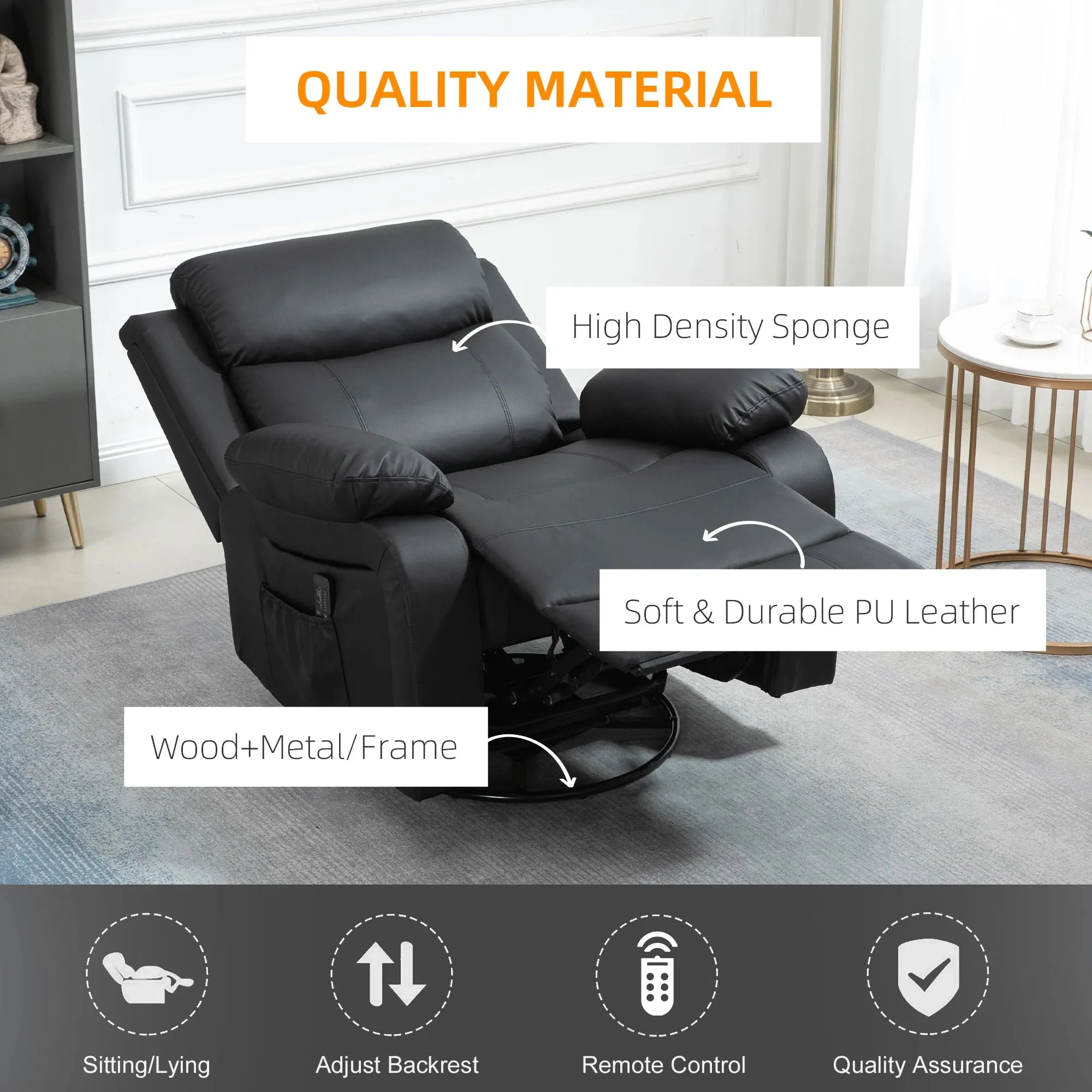 Vibration Massage Reclining Swivel Chair in Faux Leather - Available in 3 Colours