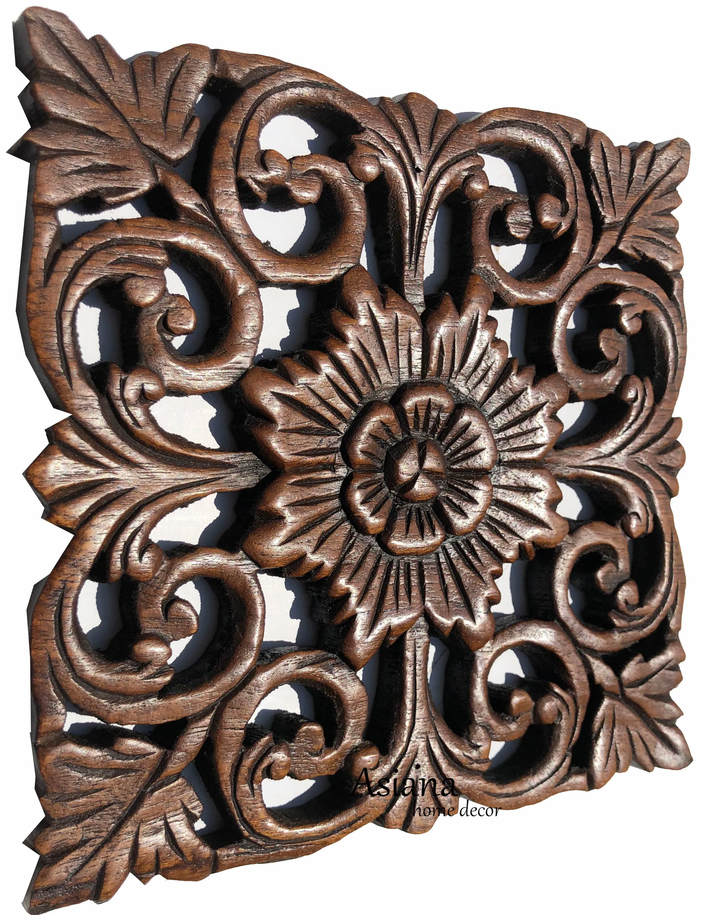 Wood Carved Wall Plaque. Rustic Wood Wall Decor. Hand Carved Wall Hangings. Decorative Wood Panels. Brown Finish Size 9.5" Square