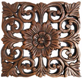 Wood Carved Wall Plaque. Rustic Wood Wall Decor. Hand Carved Wall Hangings. Decorative Wood Panels. Brown Finish Size 9.5" Square
