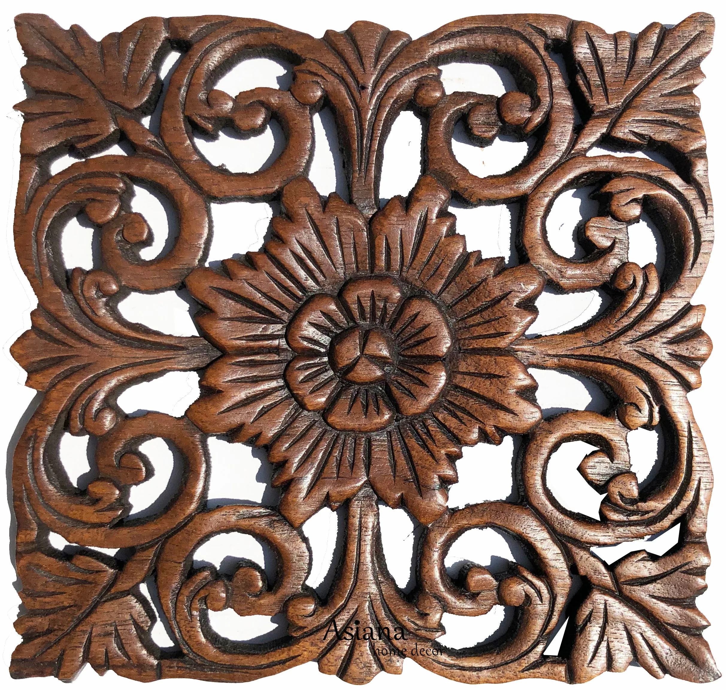 Wood Carved Wall Plaque. Rustic Wood Wall Decor. Hand Carved Wall Hangings. Decorative Wood Panels. Brown Finish Size 9.5" Square