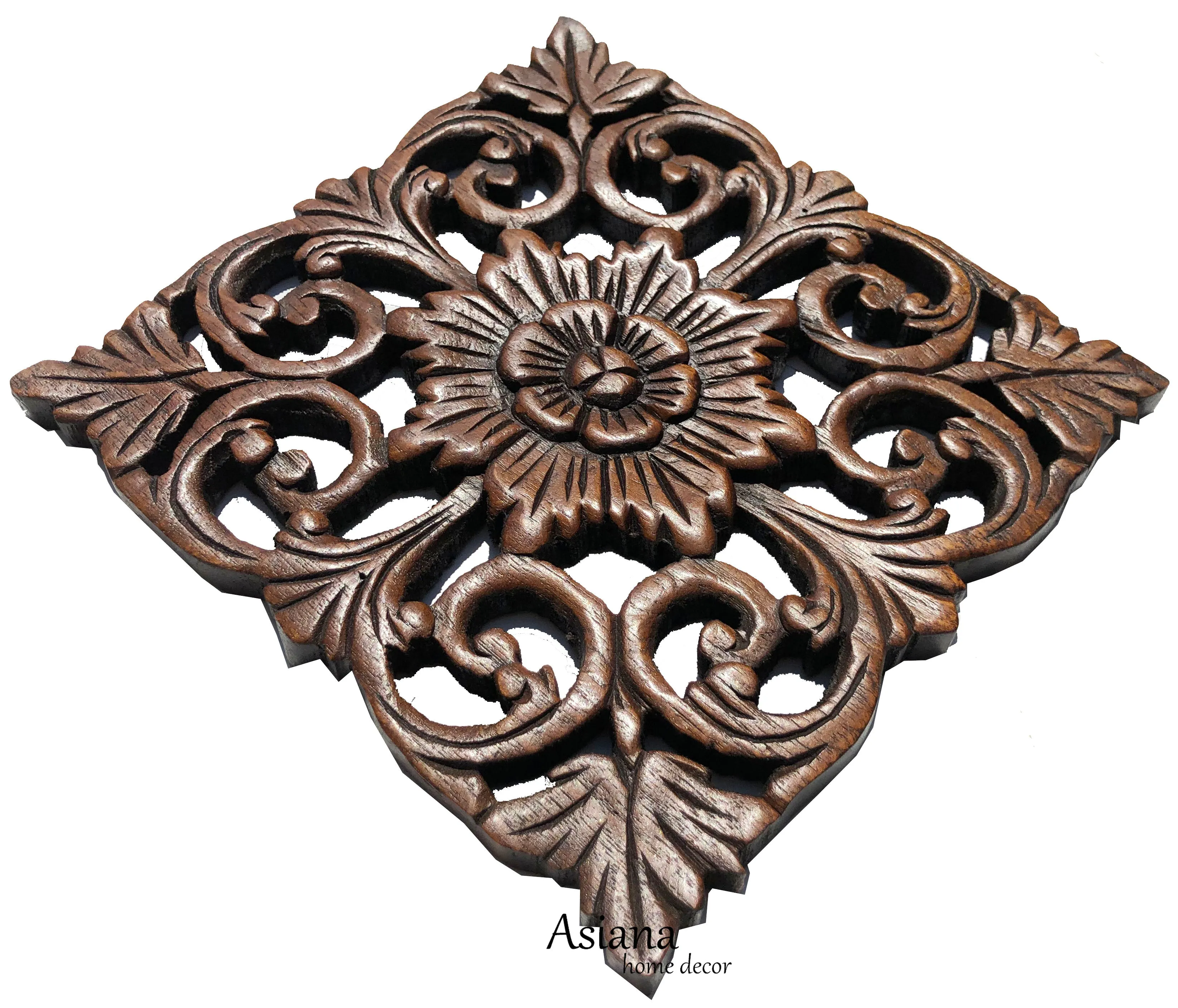 Wood Carved Wall Plaque. Rustic Wood Wall Decor. Hand Carved Wall Hangings. Decorative Wood Panels. Brown Finish Size 9.5" Square